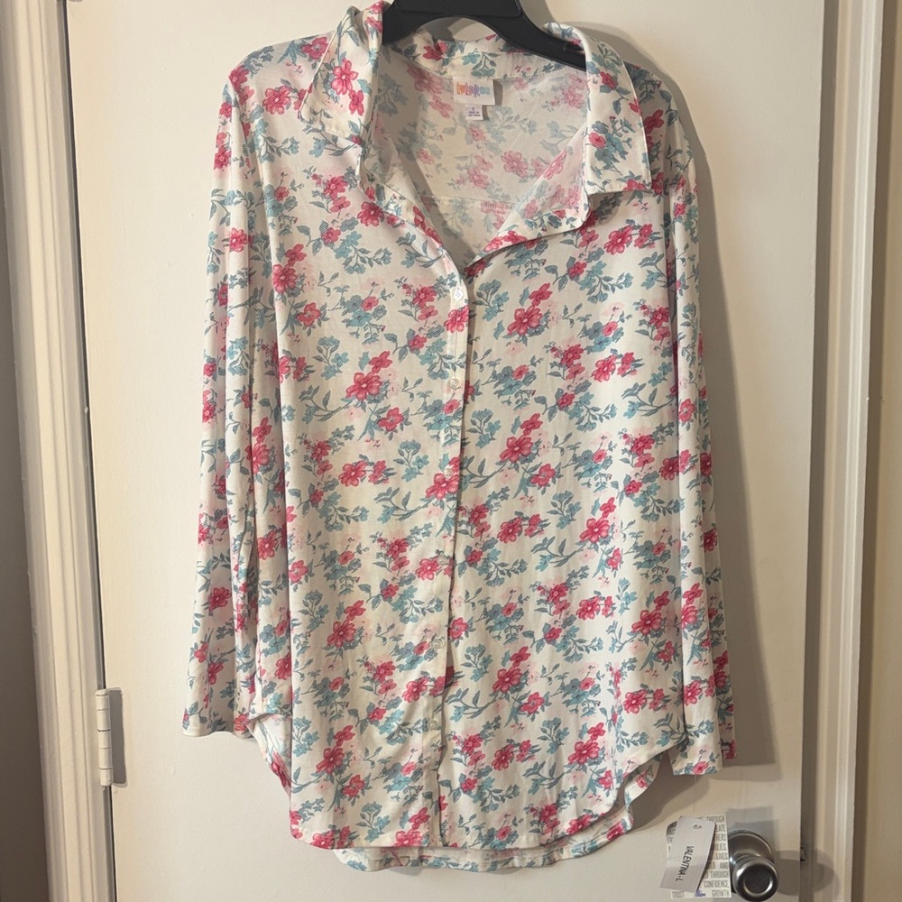 LuLaRoe Floral Button Down Shirt - Pink and Blue